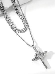 1入時尚嘻哈風格誇張的吊墜男士不鏽鋼雙層毛衣鍊 - 銀色 - 查看 9