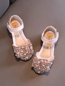 Girls' Shoes Pearl Rhinestone Bow Knot Half-Sandals Princess Flat Shoes - Pink - View 2