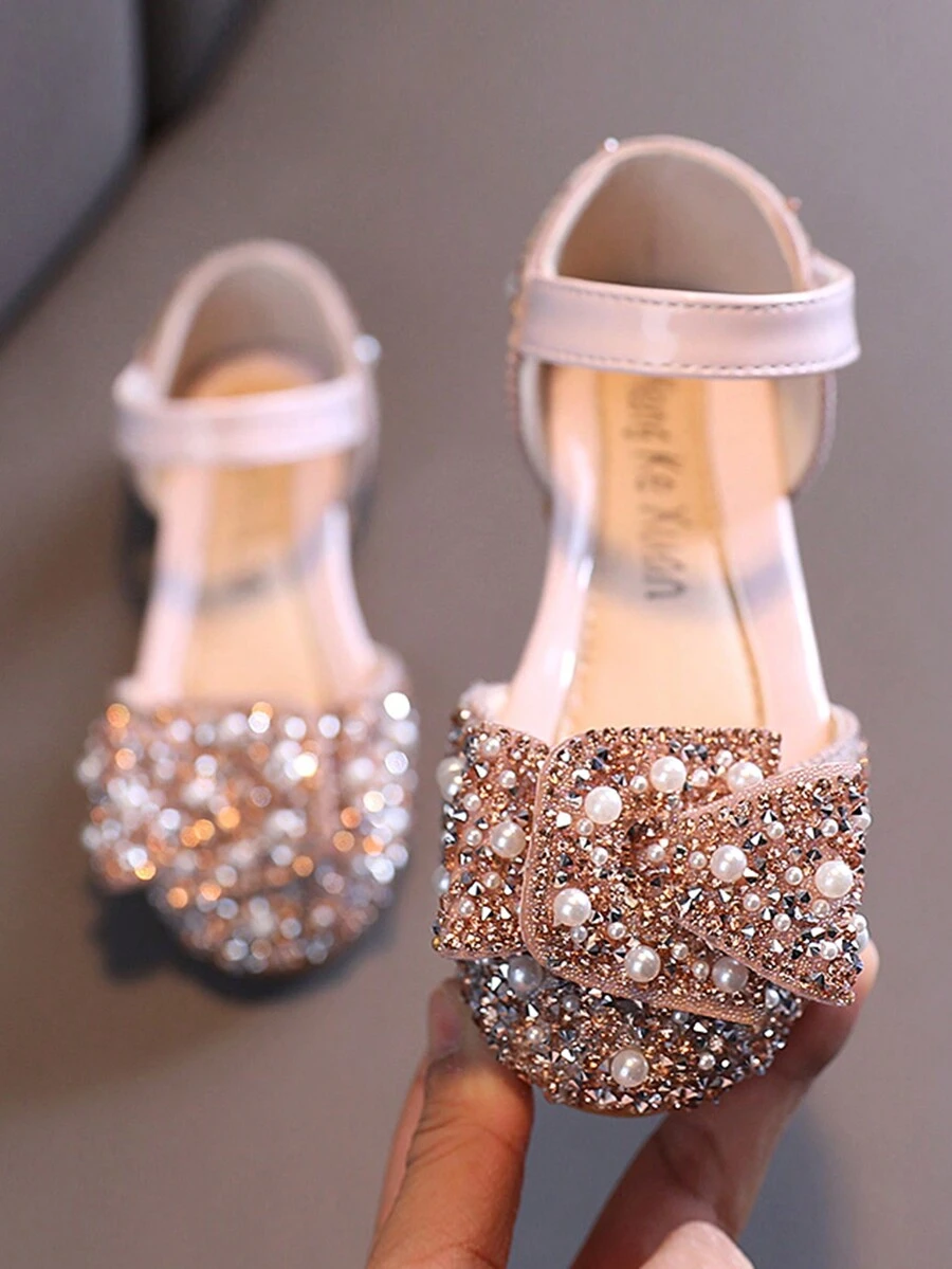 Girls' Shoes Pearl Rhinestone Bow Knot Half-Sandals Princess Flat Shoes - Pink - View 1