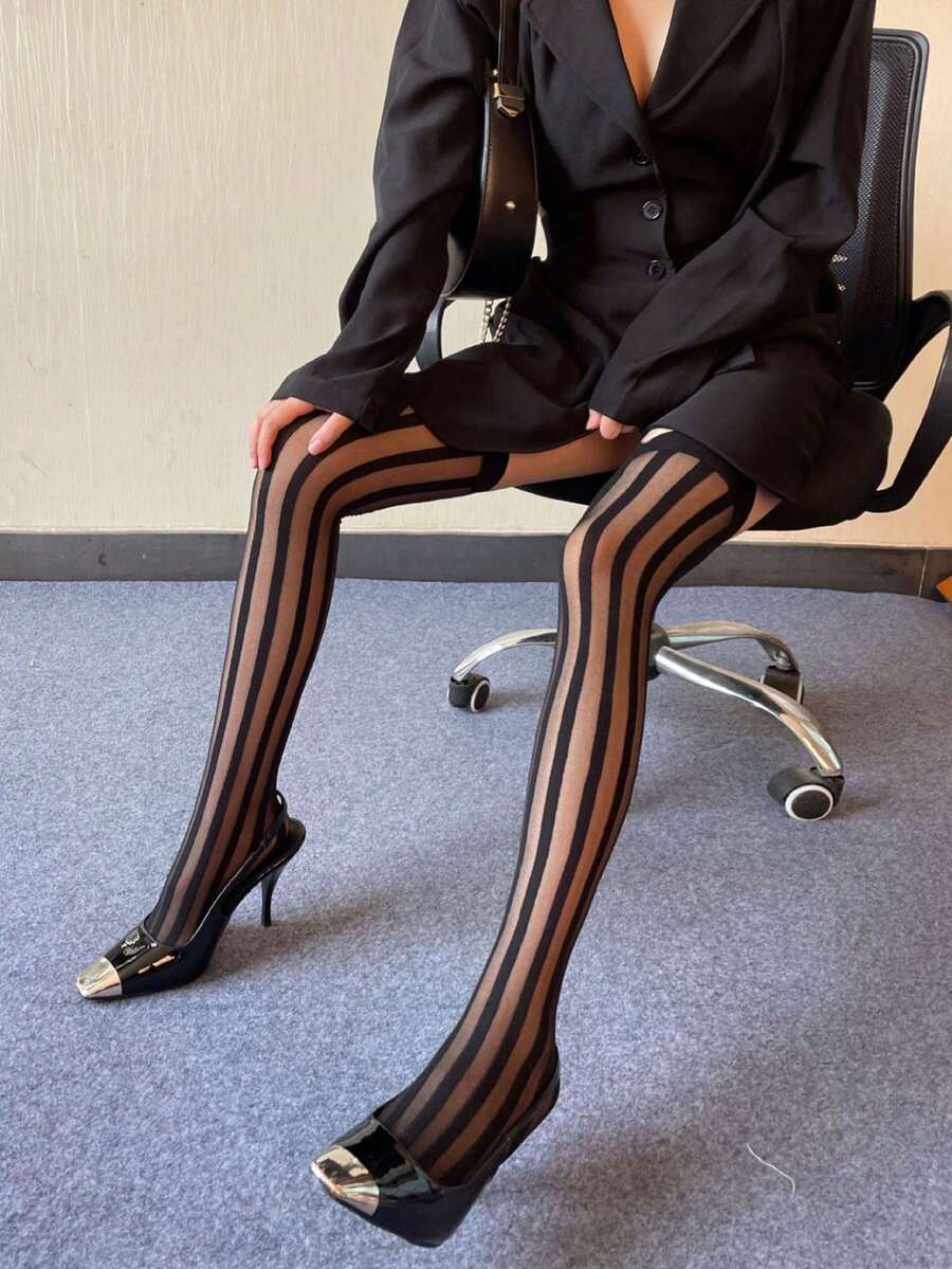 1 Miếng Người Nhật Bản Phong cách đường phố Trên đầu gối Sọc mỏng Vớ Đối với phụ nữ - màu đen - Xem 1