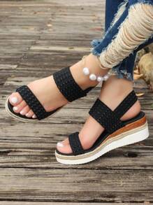 Giày sandal đế xuồng cao gót mùa hè mới với quai thun và mũi hở - màu đen - Xem 2