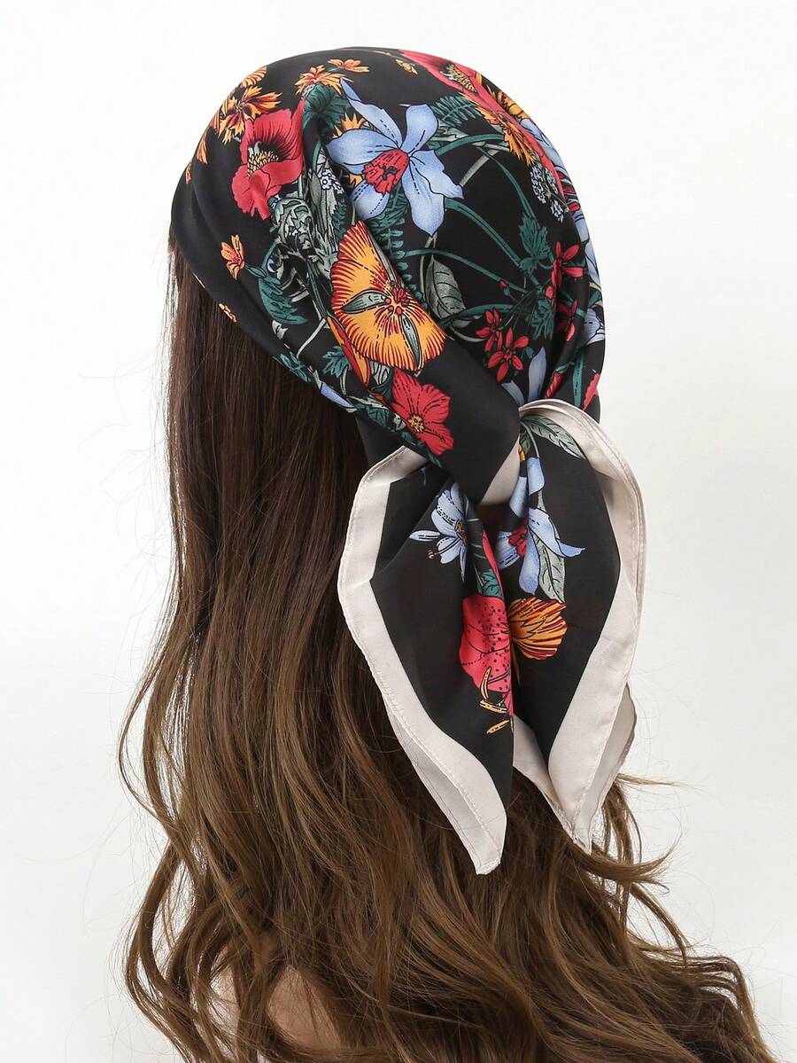 1pc Floral Printed Bandana Silk Scarf Square Head Wrap Pocket Accessory For Everyday Use - Multicolor - View 1