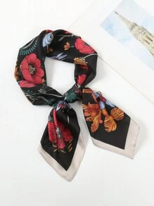 1pc Floral Printed Bandana Silk Scarf Square Head Wrap Pocket Accessory For Everyday Use - Multicolor - View 3