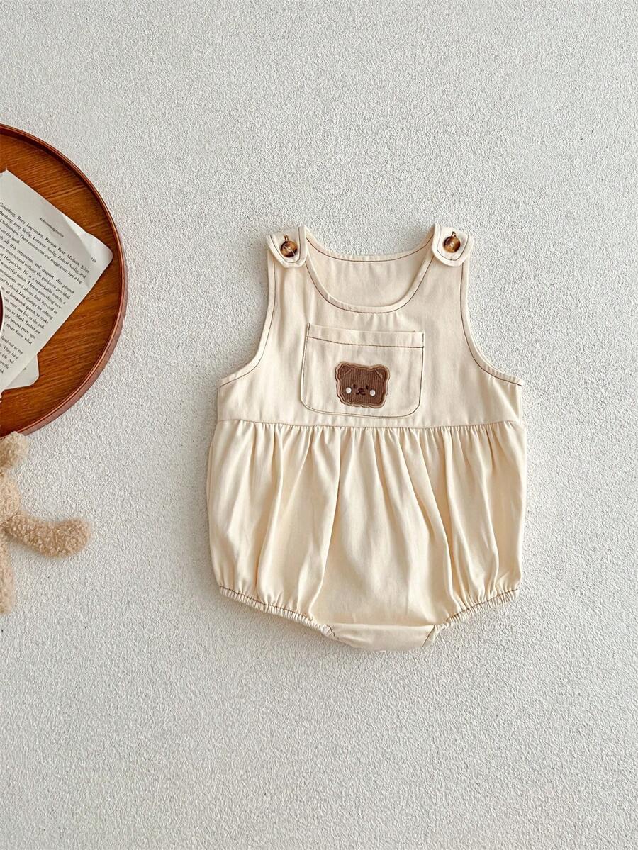 Spring Baby Boys' & Girls' Cute Bear Embroidery Bodysuit With Backless Strap Design, Crawling Clothing For Infants - Hot Pink - View 1