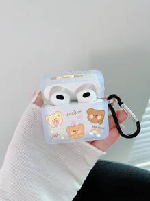 1入組卡通熊印花透明噴沙方形耳機盒，帶掛勾，適用於蘋果Airpods - 彩色 - 查看 1