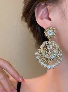 topshiny 1 đôi Bông tai tròn kiểu dáng cổ điển Hàn Quốc đính đá tua rua ngọc trai dành cho nữ - Vàng - Xem 2