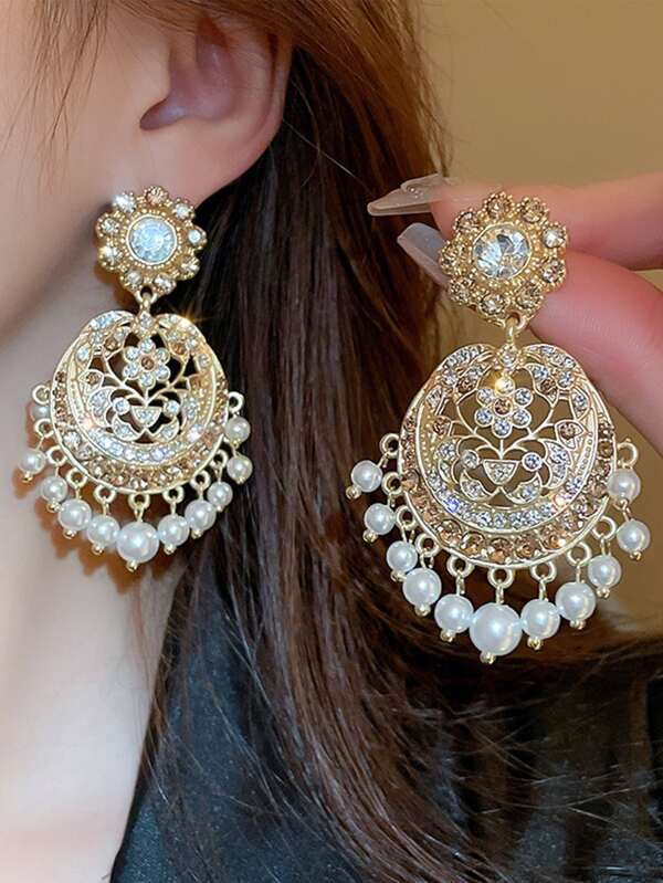 topshiny 1pair Korean Vintage Palace Style Rhinestone Tassel Pearl Round Earrings For Women