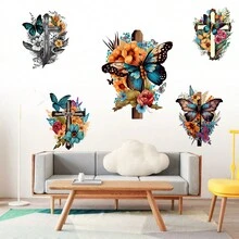 1 套十字、花卉和彩色蝴蝶設計自黏牆貼,適合客廳和臥室牆壁裝飾 - 彩色 - 查看 5