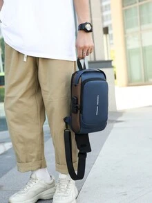 男士斜背包腰包胸包,聚酯纖維極簡商務休閒禮物,送給丈夫父親的禮物,男人的情人節禮物 - 藍色 - 查看 6