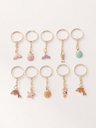可爱 10 件合金油滴贝壳、海马、海星、鱼尾钥匙扣汽车配件包饰学院风哥特 Y2k 包饰挂绳带身份证夹汽车配件包饰