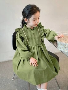 Girls' Green Chic Floral Lace Collar Long Sleeve Dress - Army Green - View 5
