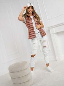 Chaleco acolchado de tela elástica casual con capucha para mujer - Rojo - Ver 3