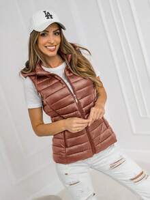 Chaleco acolchado de tela elástica casual con capucha para mujer - Rojo - Ver 5