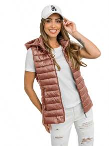 Chaleco acolchado de tela elástica casual con capucha para mujer - Rojo - Ver 1