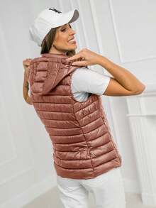 Chaleco acolchado de tela elástica casual con capucha para mujer - Rojo - Ver 4