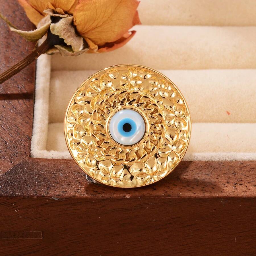 1pc Copper Plated 18k Metal Style Evil Eye Ring For Couples, Dating, Party, Gift - Open Ring - View 1