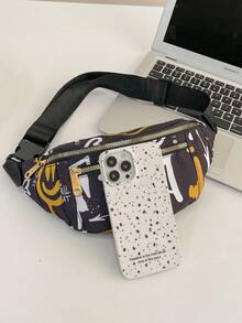 aerocandy Graffiti Pattern Waist Bag/Shoulder Bag/Cellphone Bag/Mini Bag/ Multi-Layered Bag For Women, Fashionable And Casual, Suitable For Travel, Commuting, Outdoor Activities, Etc Fanny Pack Sling Bag Chest Bag Bum Bag Sport Bag School Bag Valentines Gift For Men - Black - View 4