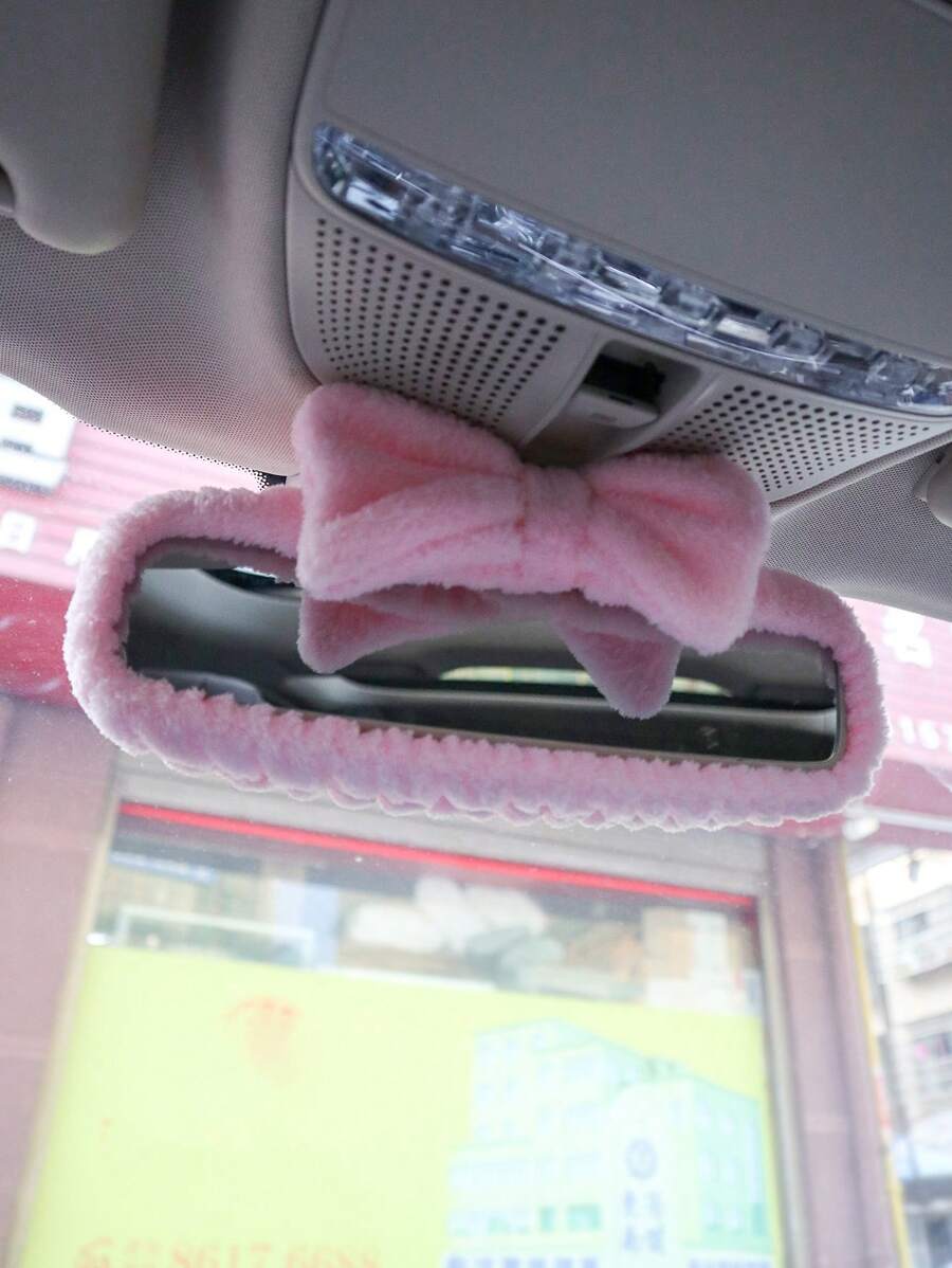 1pc Pink Car Interior Rearview Mirror Bow Knot Decoration Cover Cute General Motors Reverse Mirror Protective Cover - Pink - View 1