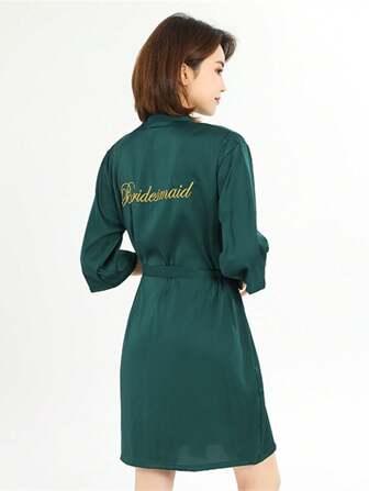1pc Women's Dark Green Embroidered Bride Or Bridesmaid Robe, Perfect For Wedding Preparations And Sleepwear, Fall, Christmas, Winter