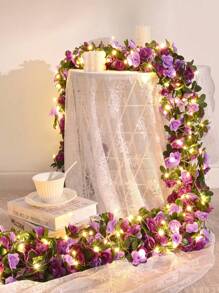 1/2 件人造花藤，配 3 米长串灯，45 头玫瑰花环，适用于墙面、卧室、花园、家居装饰、婚礼、生日、情人节、母亲节、春节、新年派对装饰 - 紫色 - 查看 1