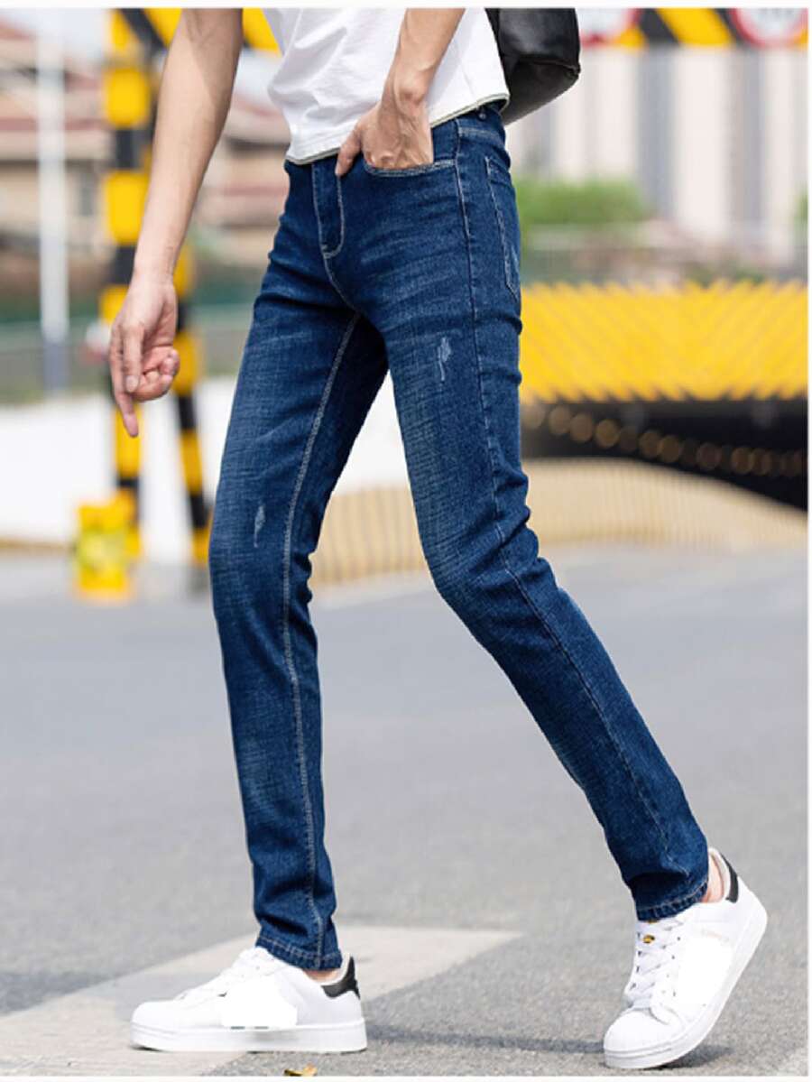 Manfinity Homme Pantalón Skinny de Mezclilla Stretch para Hombre, Hombres Jeans ajustados con rasguños de gato algodón desgarro crudo - Azul lavado medio - Ver 1