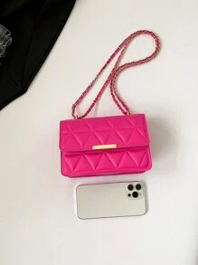 Fashion Solid Color Flap Pressed Texture Chain Crossbody Mini Bag - Hot Pink - View 8