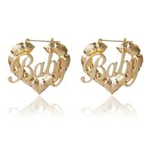 1pair Hollow Out Heart & Letter Design Gold-Color Bamboo Earrings, Retro Big Circle Punk Style Ear Jewelry, Suitable For Girls, Women, Valentine's Day, Best Friend Gifts - Gold - View 5