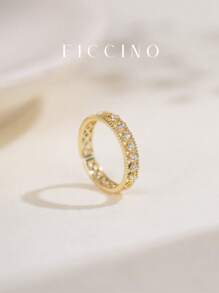 Ficcino女士微鑲方晶鑽中空網狀可調戒指,鍍金,附珠寶盒,週年紀念禮物