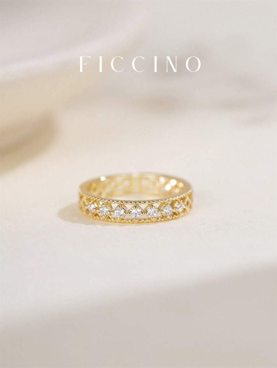 Ficcino女士微鑲方晶鑽中空網狀可調戒指,鍍金,附珠寶盒,週年紀念禮物