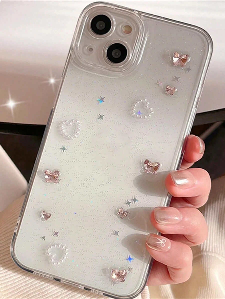 Capa de Diamante 3D em Forma de Borboleta Rosa de Luxo, Compatível com iPhone 16, 15, 14, 13, 12, 11 Pro Max Plus, Lente Protegida, Ins Epóxi Brilhante, Capa Macia Transparente, À Prova d'Água, à Prova de Choques, Resistente a Arranhões - Borboleta - Visão 1