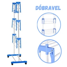 Varal De Chão 3 Andares Dobrável Vertical Retrátil Aço 4 Rodas Azul - Azul - Visão 3