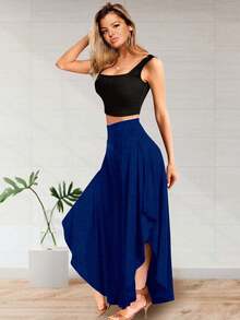 Falda Pantalón Largo de Corte Ancho y abertura en los laterales para Mujer - Azul Marino - Ver 2