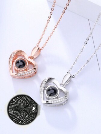 1 件时尚 100 种语言我爱你投影心形吊坠项链适合女士情人节礼物、妈妈、母亲、母亲节、礼物