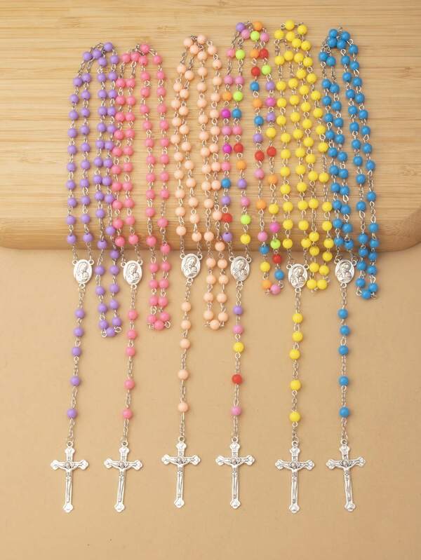 1 Pieza De Cadena De Cuentas Multicolor Personalizada De Moda De Estilo Europeo Y Americano, Collar De Suéter Largo Con Colgante De Cruz Y Virgen María Elegante