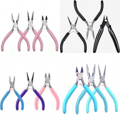 1-3件DIY珠寶鉗套裝，包括長鼻鉗，圓鼻鉗，彎鼻鉗，剪線鉗，珠寶製作工藝繩線，3件套藍色鉗子和3件套粉色鉗子，尼龍抱口鉗，6步線圈鉗，凹面和圓鼻鉗，彎鼻鉗，側剪鉗，適用於珠寶製作和修復，DIY初學者工具套件，成人和兒童均適用（鉗子表面有防鏽油，鉗柄顏色可能因不同批次而異）。