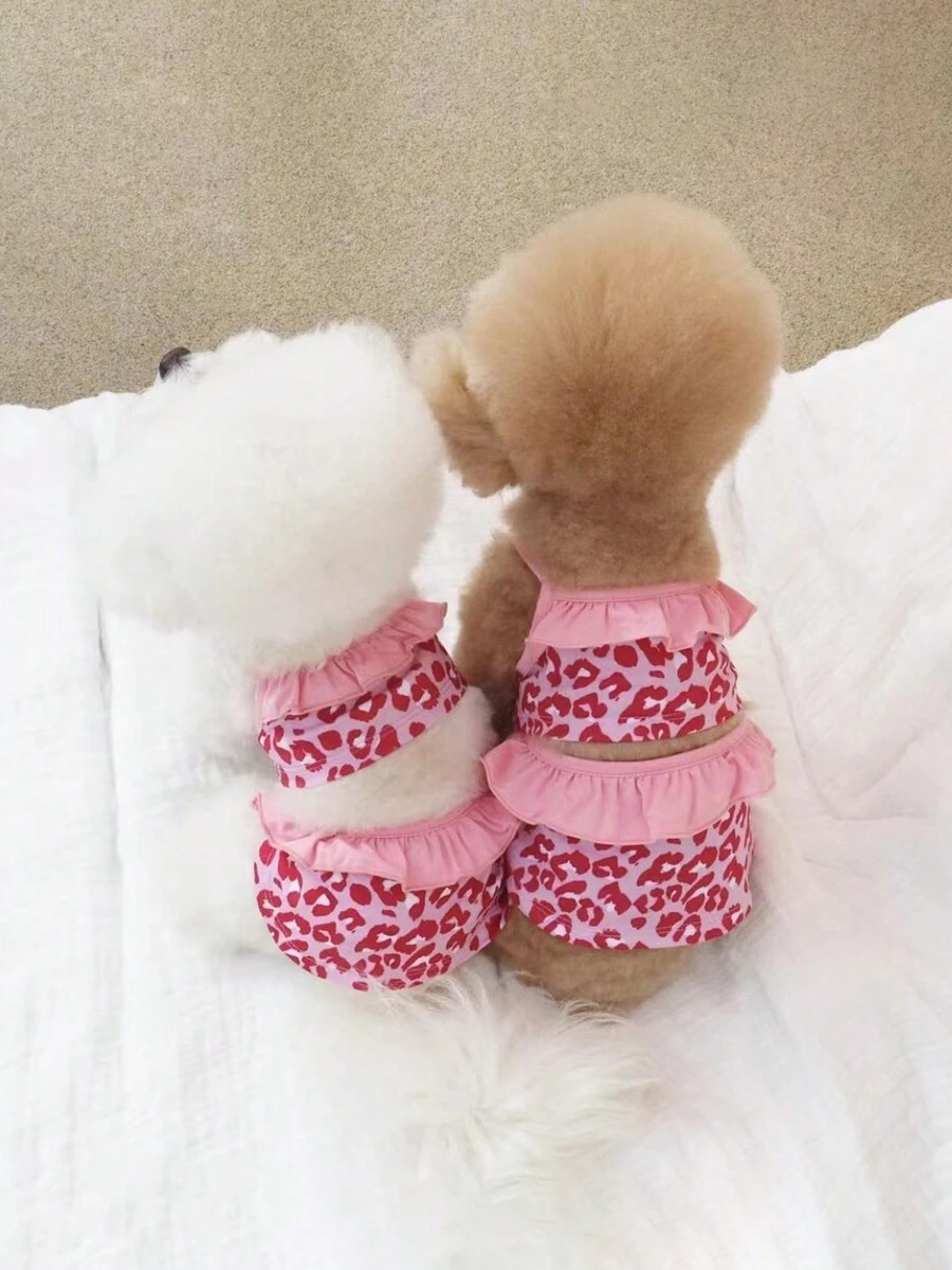 2pcs Pink Leopard Print Pet Swimsuit Set, With Suspender & Cap, Breathable Bikini Dog Vest - Pink - View 1