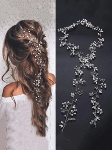 1 pieza Diadema plateada hecha a mano de 50 cm/19.68in con perlas falsas y cristales, adecuada para vestido de novia, dama de honor, fiesta, baile de graduación, joyería para el cabello, adornos para la cabeza