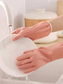 1pair Winter Household Pvc Latex Gloves With Lining, Waterproof, Durable, Suitable For Kitchen Cleaning, Dishwashing And Laundry - Pink - View 1