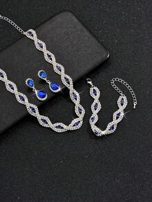 European And American Rope-Design Bridal Jewelry Set With Necklace, Bracelet, Earrings For Women's Evening Dress - Blue - View 3