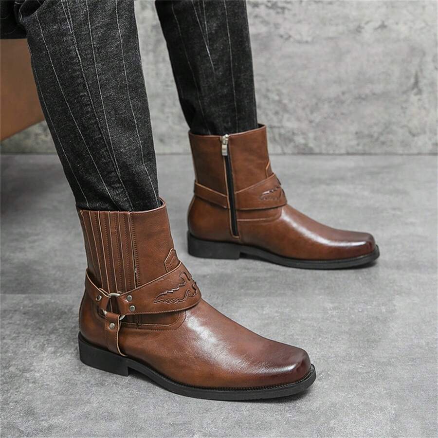 復古男靴、男士靴、騎士皮靴、棕色靴、超大號切爾西靴、男式西靴、時尚男靴、戶外男靴、舒適休閒靴、騎士靴、潮流靴子 - 棕色 - 查看 1