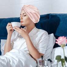 1只雙層緞子睡眠帽,美容化妝頭巾,十字交叉帽沖涼帽 - 粉色 - 查看 4