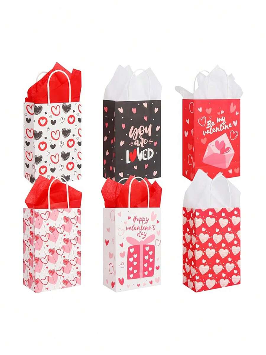 24入組情人節紙質禮袋,紅色、粉色愛心糖果禮袋附手提帶和禮品紙,適用於婚禮和情人節派對禮品包裝 - 彩色 - 查看 1