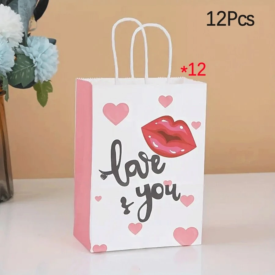 12pcs/Pack Cartoon Bear Printed Kraft Paper Bag For Valentine'S Day, Shopping, Wedding Decorations, Party Favors, Birthday Gifts, Proposals, Etc. - Lip Style - View 1