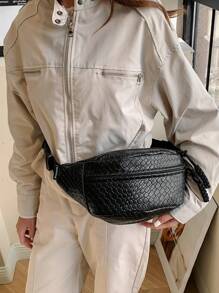 男士pu皮腰包/胸包/斜跨包/自行車包/摩托車包,新潮流中性禮物腰包斜挎包黑色包臀包防水情人節禮物 - 黑色 - 查看 1