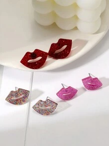 Lip Shape Rhinestone Detail Earring Sets - Multicolor - View 2