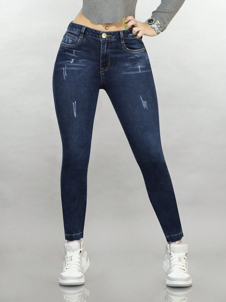 Savi Jeans Pantalón basico de mezclilla en Stone alto con bolsas traseras y efecto Push Up. - Azul lavado oscuro - Ver 1