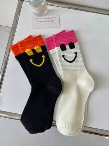 2pairs/Set Unisex Fashionable Big Eye & Smiling Face Design Warm Mid-Calf Socks For Couples, Suitable For Valentine'S Day Gift - Multicolor - View 1