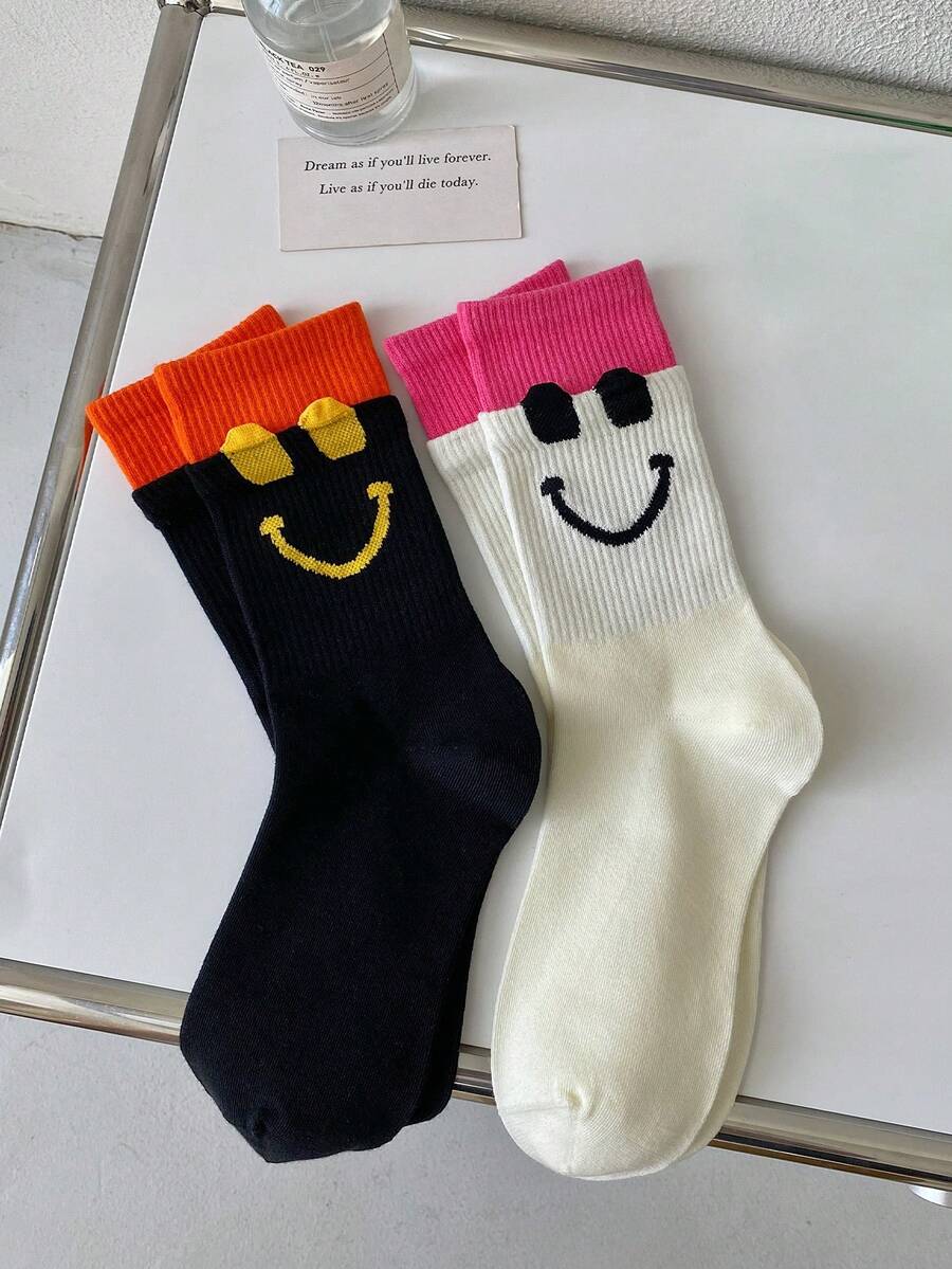 2pairs/Set Unisex Fashionable Big Eye & Smiling Face Design Warm Mid-Calf Socks For Couples, Suitable For Valentine'S Day Gift - Multicolor - View 1