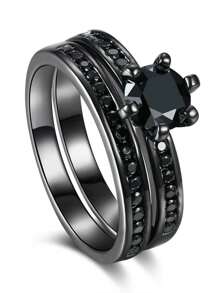 1 件/2 件魅力情侣戒指浪漫女士黑色水钻 CZ 戒指套装时尚男士不锈钢戒指结婚戒指珠宝情侣礼物