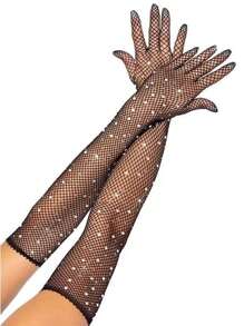 1 双女式网眼水钻装饰肘长手套，适合夜总会、蕾丝、性感、新娘礼服、礼服或舞蹈万圣节婚礼 - 黑色 - 查看 3